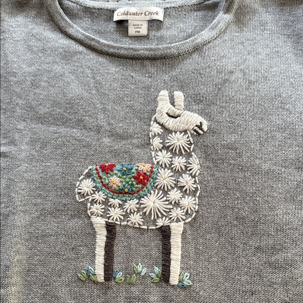 Coldwater Creek Gray Sweater with Colorful Llama Embroidery